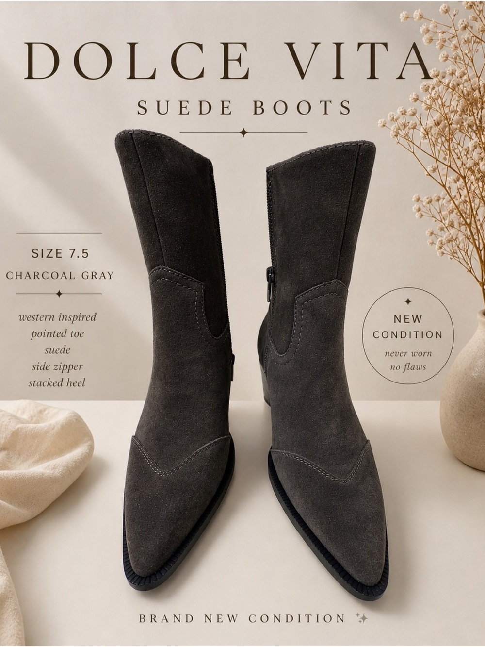 Dolce Vita Charcoal Gray Suede Pointed-Toe Mid-Calf Boots